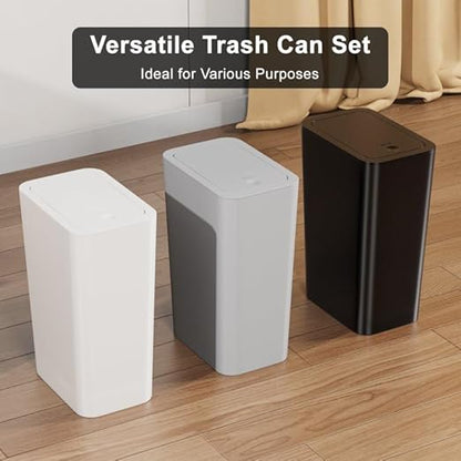 N. NETDOT 3 Pack Small Trash Can with lid, 3 Gallon Bathroom Trash Can,Garbage Can Slim Trash Bin Waste Basket for Bathroom,Kitchen,Bedroom,Living Room,Office,Laundry - Off White,Black,Grey