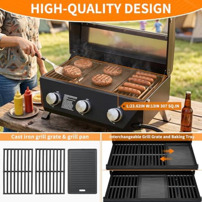 SKOK Tabletop 3-Burner Propane Gas Grill Griddle Combo with View Window
