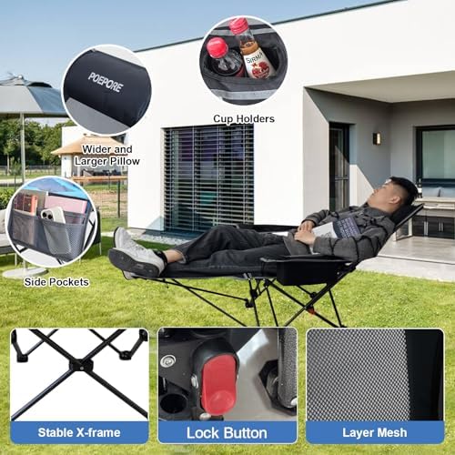 Reclining Camping Chair 4 Position with Foot Rest Comfortable for Adults 265Ibs Folding Lounger Mesh Beach Chair with Cooler Bag and Cup Holder for Outdoor Patio