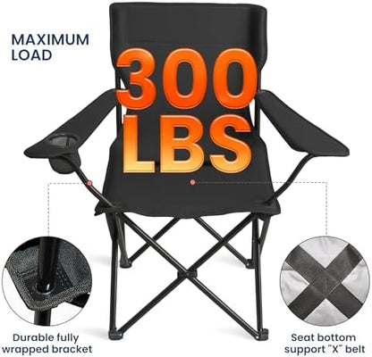 SUNW 2 Pack Folding Camping Chair, 300lbs Steel Frame Outdoor Chair with Cup Holder & Side Pocket for Camping Hiking Picnic Beach, Black