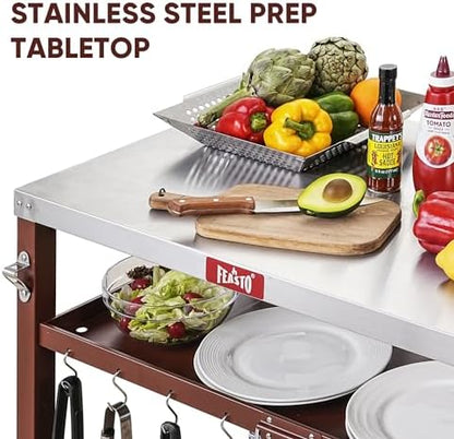 Feasto 3-Shelf Pizza Oven Table, Outdoor Grill Cart, 33.5" x 21.7", Red