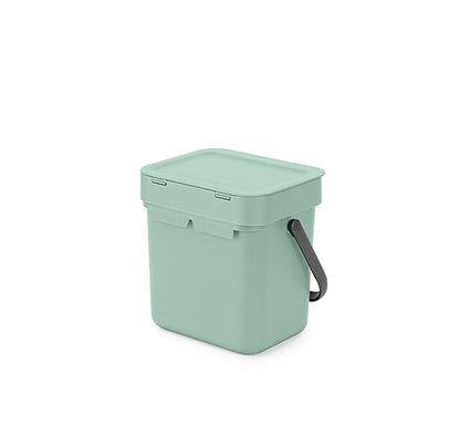 Brabantia Sort & Go Food Trash Can (0.8 Gal/Jade Green) Small Countertop Kitchen Compost Caddy with Handle & Removable Lid, Easy Clean