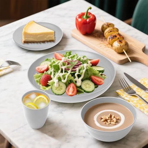 Wheat Straw Dinnerware Sets, Plates and Bowls Sets, 32 PCS Dinnerware Sets Service for 8, Unbreakable Reusable Plates Set, Outdoor Kitchen and Apartment Dinning Essentials - Gray