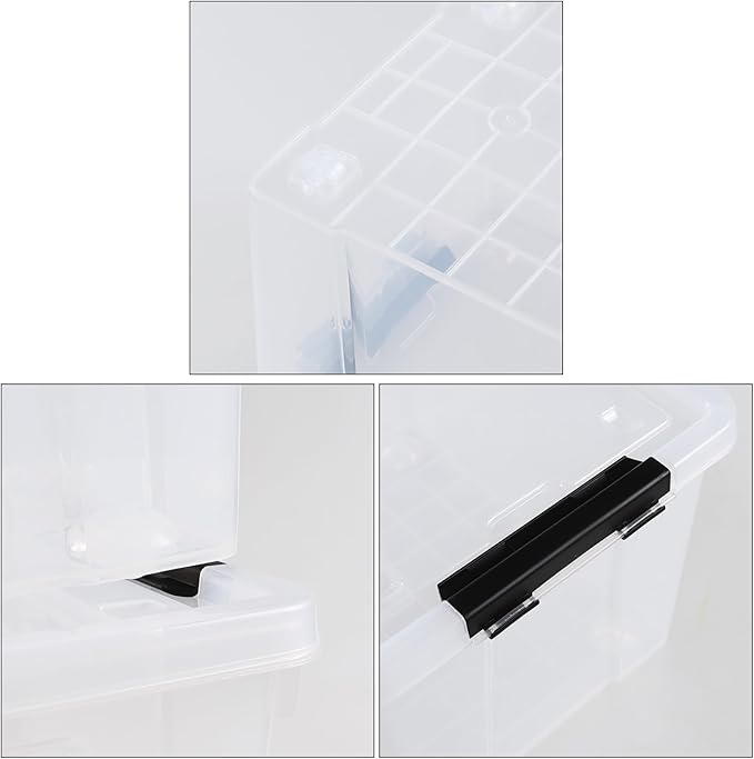Set of 4 50 L Stackable Plastic Storage Container with Latching Lids and Wheels, Clear Home Garage Organization Bins Box, See-Through