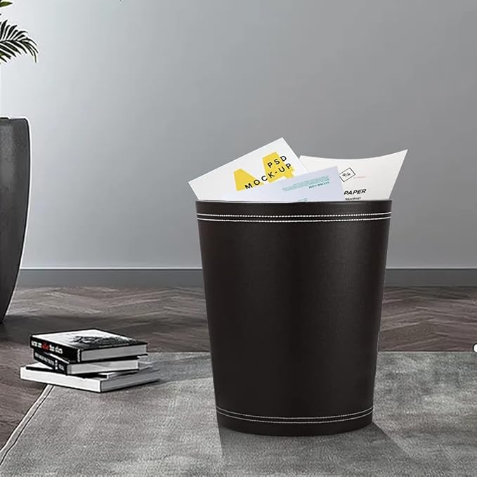 KINGFOM 3 Pack PU Leather Small Office Trash Can Wastebasket, Round Garbage Container Bin for Bathrooms, Powder Rooms, Kitchens, Home, Bedroom, High-Class Hotel, Black