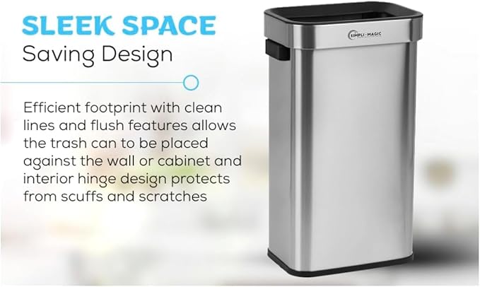 Simpli-Magic 18.5 Gallon (70L) Open Top Trash Can – Rectangular Commercial Trash Can – Smudge-Resistant, Easy to Clean, Non-Skid Base, Brushed Stainless Steel