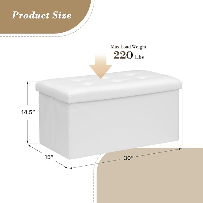Athena Collection 30" Storage Ottoman Bench Folding Bench with 90L Hidden Storage, Large End of Bed Bench PU Leather Foot Rest Stool Chest with Flipping Lid for Living Room, Bedroom, Entryway, White