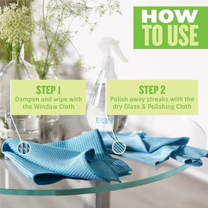 E-Cloth 2-Pack Window Cleaning Cloth - Streak-Free Glass & Mirror Cleaning Kit with Just Water, Glass Cleaning Cloth, Microfiber Towel Kit for Windows, Car Windshield, Mirrors - Alaskan Blue