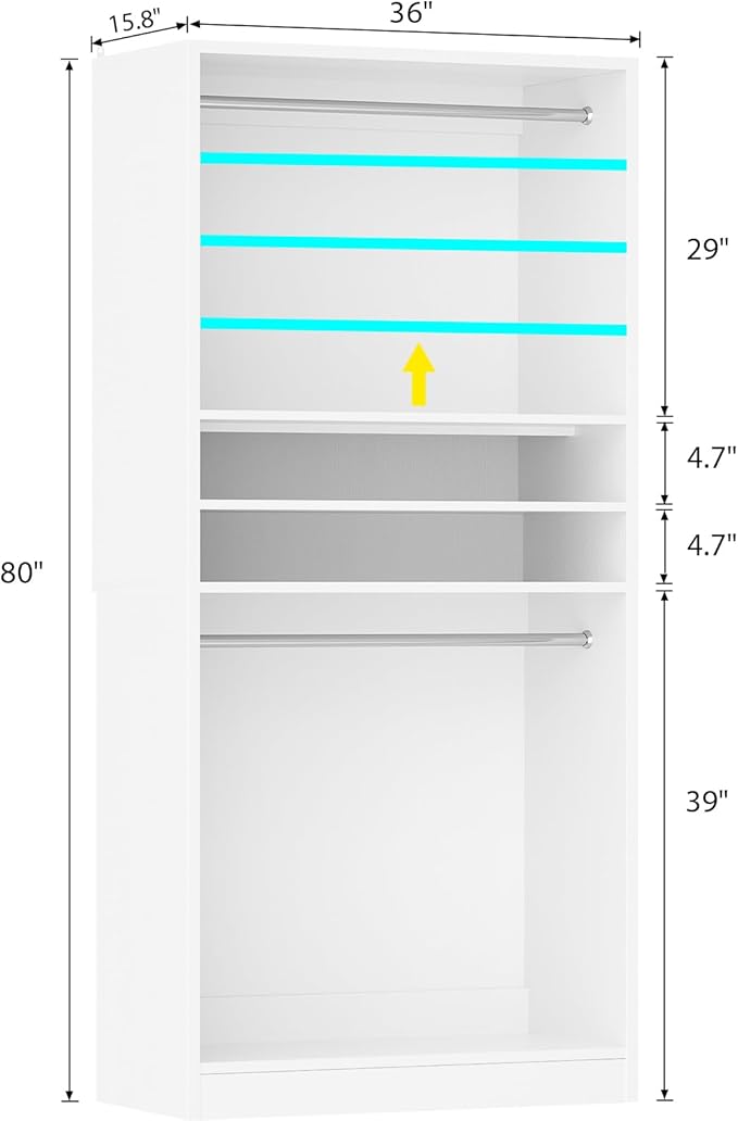 Unikito 3FT Freestanding Closet System with 2 Hanging Rods & Adjustable Shelve, 36'' Wood Closet Organizer System, Clothes Garment Rack, Sturdy Walk-in Closet Tower, Easy Assembly, Hold 800LBS, White