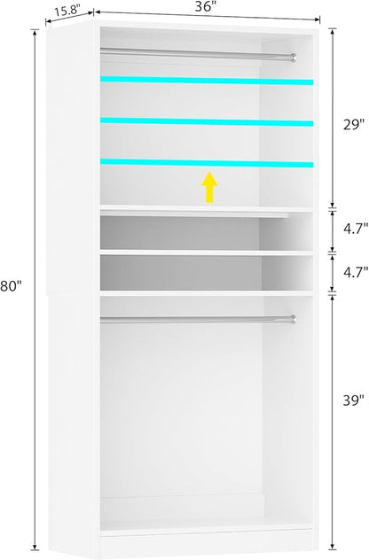 Unikito 3FT Freestanding Closet System with 2 Hanging Rods & Adjustable Shelve, 36'' Wood Closet Organizer System, Clothes Garment Rack, Sturdy Walk-in Closet Tower, Easy Assembly, Hold 800LBS, White