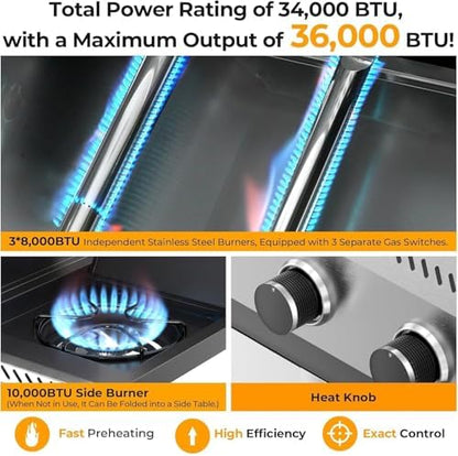 COWSAR 3-Burner Propane Grill with Side Burner 34,000 BTU BBQ Grill