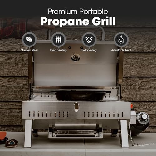 GasOne Portable Propane Grill – 18-inch Stainless Steel Tabletop Grill – Tabletop Gas Grill with Heat Control and Built-In Thermometer – Large Cooking Area – Ideal for Outdoor, Camping, Travel, RV
