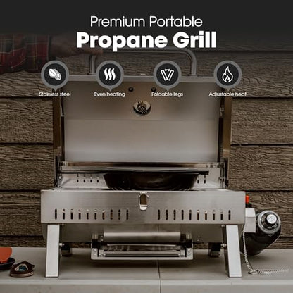 GasOne Portable Propane Grill – 18-inch Stainless Steel Tabletop Grill – Tabletop Gas Grill with Heat Control and Built-In Thermometer – Large Cooking Area – Ideal for Outdoor, Camping, Travel, RV