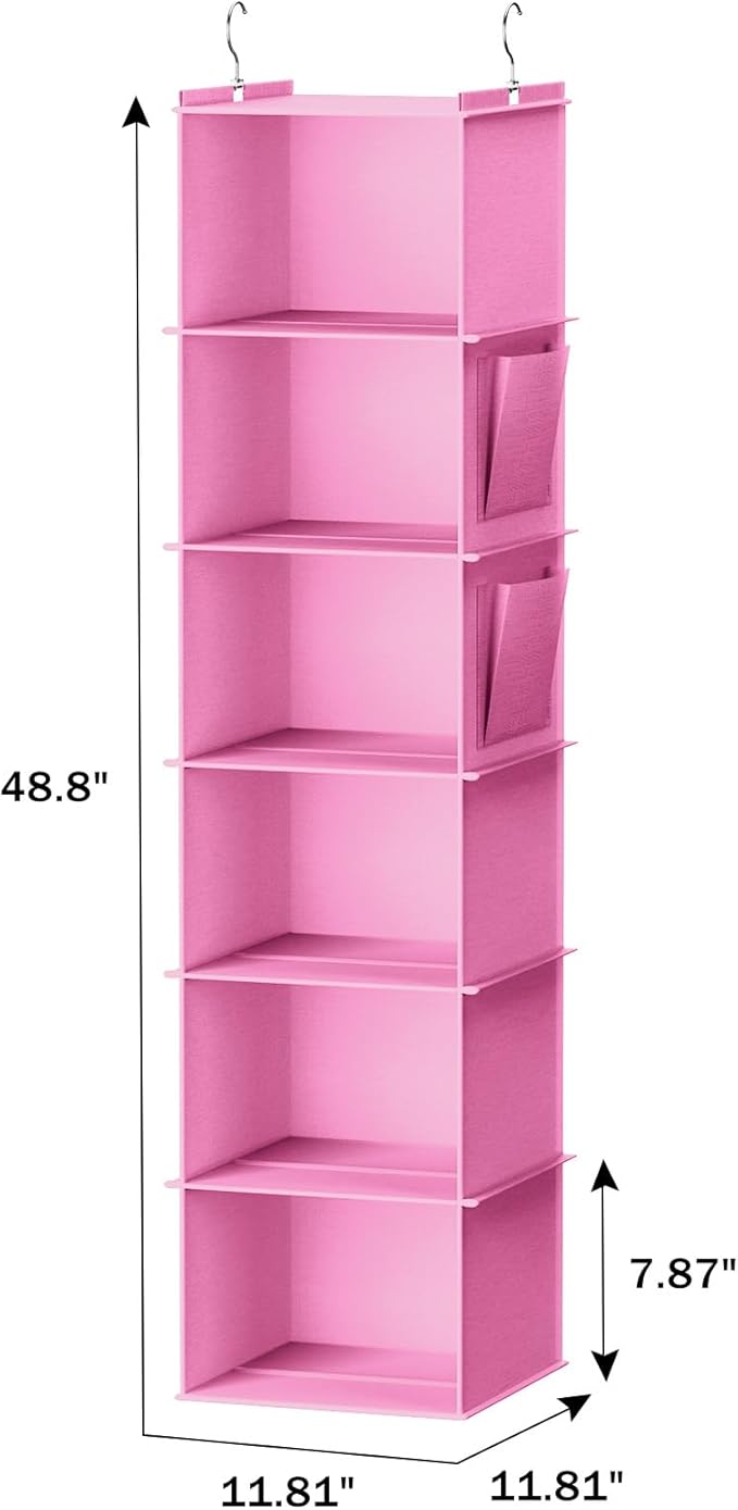 YOUDENOVA Hanging Closet Organizer and Storage, 6-Shelf Closet Hanging Storage Shelves, Light Pink