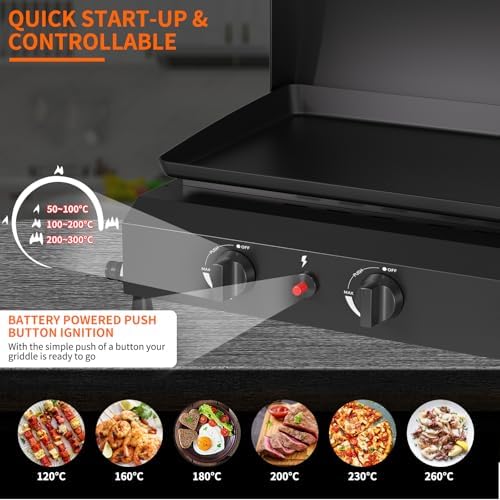 SKOK Propane Gas Griddle with Hood - Flat Top Grill with Standing Cart