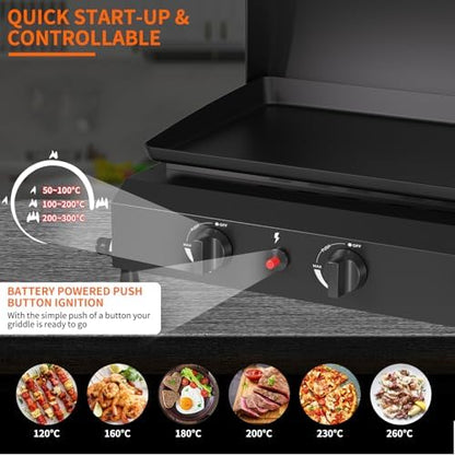 SKOK Propane Gas Griddle with Hood - Flat Top Grill with Standing Cart