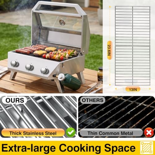 BESTFIRE 3 Burner Propane Grill, 30000 BTU Stainless Steel Tabletop BBQ, Portable Gas BBQ with Glass Lid, Thermometer & Dual Tank Adapter for 1lb/20lb, Outdoor Camping Tailgating 29.72" Wide