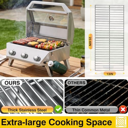 BESTFIRE 3 Burner Propane Grill, 30000 BTU Stainless Steel Tabletop BBQ, Portable Gas BBQ with Glass Lid, Thermometer & Dual Tank Adapter for 1lb/20lb, Outdoor Camping Tailgating 29.72" Wide