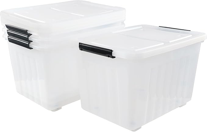 4-Pack 42 L Clear Plastic Storage Container Bin with Lids and Latch Buckle, Clear Storage Latch Box/Bin with Wheels