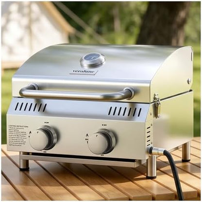 Veralune Tabletop Gas Grill, Small Propane Grill, Portable 2 Burner Gas Grill, Locking Lid, 20,000 BTUs, Built-in Thermometer, Stainless Steel