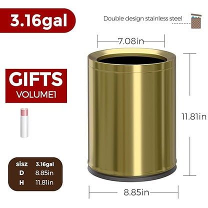 12L/3Gal Antique Brass Bathroom Trash Can,Brushed Brass Garbage can,Small Gold Wastebasket for Office,Hotel,restuarant,Bank,Bathroom,Bedroom (Gold 12)