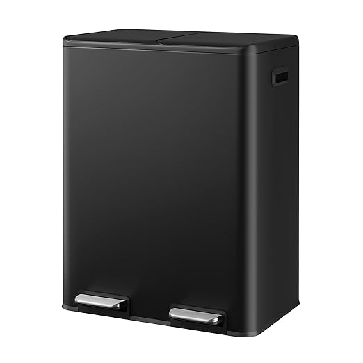 WLIVE Dual Trash Can, 2 x 8 Gallon (2 x 30 L), Step Trash Can with Lid with Inner Buckets, 2 Compartment, Heavy-Duty Stainless Steel Gabage Can for Kitchen with 15 Trash Bags, Black