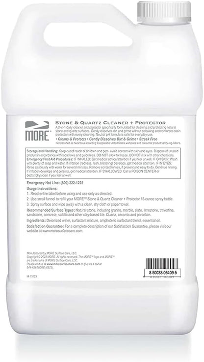 MORE Stone & Quartz Cleaner + Protector - Granite, Quartz & Marble Cleaner - For Kitchen & Bathroom Countertops - Water-Based Surface Spray Refill - Lavender-Verbena Essential Oil - Gallon (128oz)