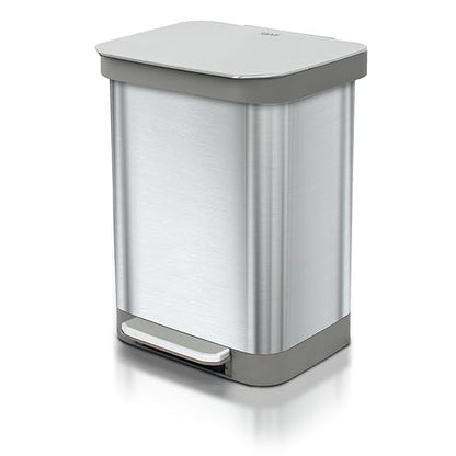 Glad Stainless Steel Step Trash Can, Series 2 with Clorox Protection - Large Metal Kitchen Garbage Bin with Soft Close Lid, Foot Pedal and Waste Bag Roll Holder, 13 Gallon