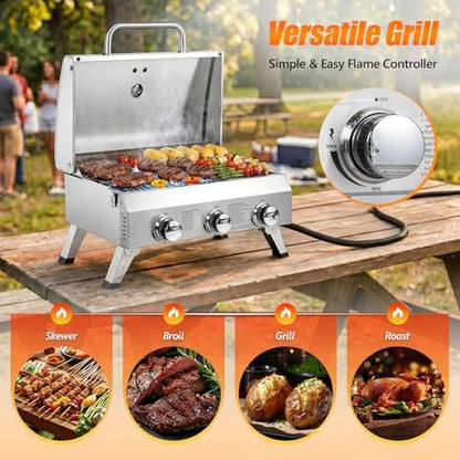ROVSUN 3 Burner Portable Gas Grill, 30000 BTU Outdoor Tabletop Propane Grill with Ignition, Built-in Thermometer & Full Stainless Steel Body for Patio Garden Backyard Camping BBQ Picnic