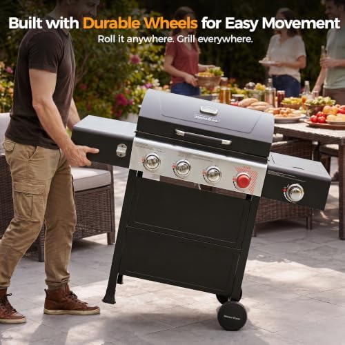 MASTER COOK 4 Burner Propane Gas Grill with Side Burner, 56,500 BTU with Sear Burner, 549 Sq.in. Cooking Area, Porcelain Enameled Grates,Stainless Steel BBQ Grills for Outdoor Cooking Patio Garden