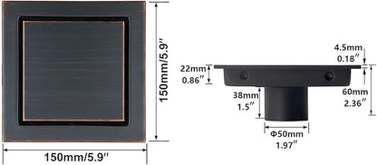 RANDOM Oil Rubbed Bronze Shower Drain Square with Removable Tile Insert Shower Drain Cover and Hair Strainer SUS 304 Stainless Steel 6 inch Shower Floor Drain