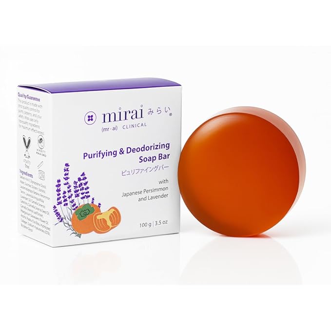Mirai Clinical Persimmon Soap Bar with Lavender Scent - Japanese Persimmon Soap for Old People Smell - Made with Green Tea Extract - Nonenal Odor Removal Deodorizing Bar for Unisex