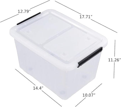 4 Packs 30 L Stackable Plastic Storage Bins with Lids and Wheels, Latching Clear Storage Container Box