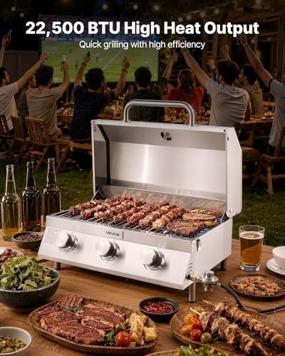 VEVOR Tabletop Gas Grill, 3-Burner Stainless Steel Portable Propane Grill, with Built-in Thermometer, Travel Locks, Weatherproof Lid, 22,500 BTU Total, for Outdoor Cooking, Patio, Party, Camping, RV