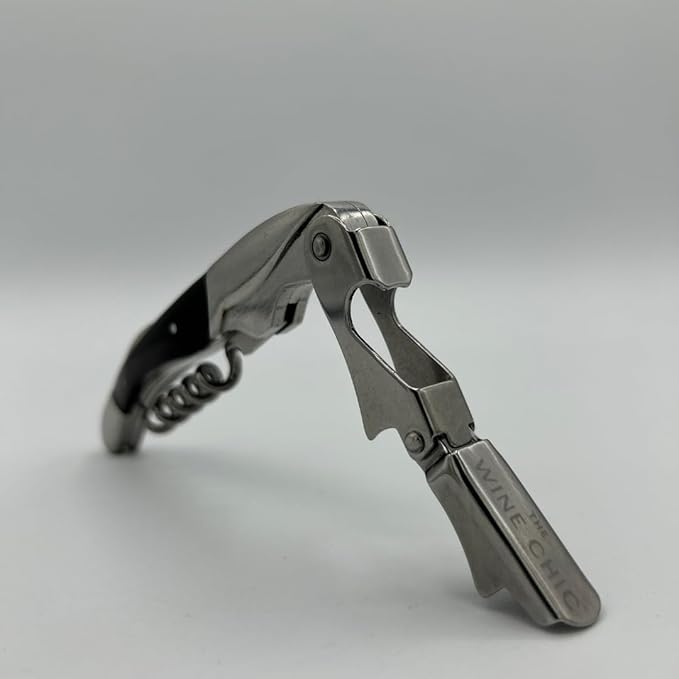 The Wine Chic Premium Professional Corkscrew Wine Opener with Elegant Wood Handle, Manual Wine Key with Foil Knife and Cap Bottle Opener for Bartenders, Waiters and Sommeliers (Black)