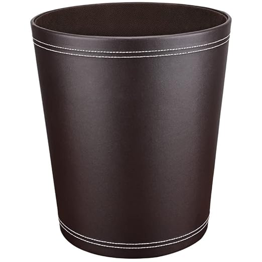 Pu Leather Trash Can for Bedroom, 2.6 Gallon Wastebasket for Office, Small Bathroom Garbage Cans for Home Decorative, Round Waste Basket Bin for Dorm Kitchen Brown