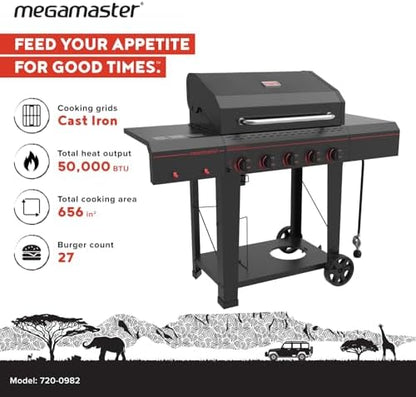 Megamaster Cart 5 Burner Gas Grill, Side Tables with Accessory Hooks, Black