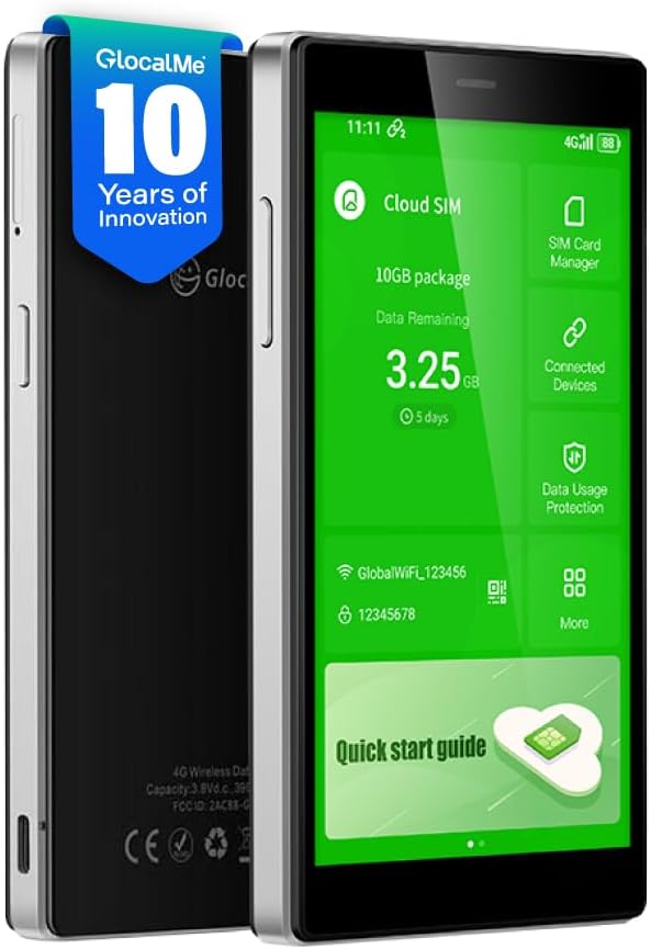 GlocalMe G4 Pro 4G LTE Mobile Hotspot with Global 1GB Data, Portable WiFi Hotspot for Travel in 200+ Countries, 5" Touch Screen Hotspot Device, No SIM Card Needed, 10 Connected Devices(G4 Pro Black)