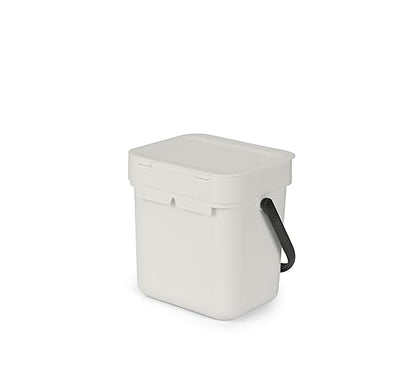 Brabantia Sort & Go Food Trash Can (0.8 Gal/Light Gray) Small Countertop Kitchen Compost Caddy with Handle & Removable Lid, Easy Clean