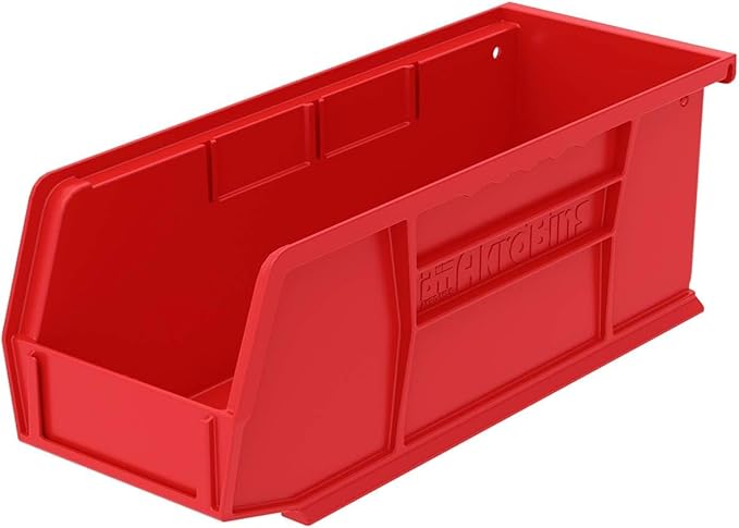Akro-Mils 30224 AkroBins Plastic Storage Bins, Space-Saving Stackable Bins for Garage, Pantry, Craft Organization, 11" L x 4" W x 4" H, Red, 12-Pack