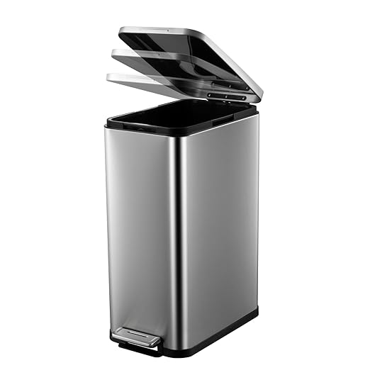 13.2 Gallon / 50L Kitchen Trash Can, Slim Stainless Steel Garbage Can with Removable Inner Bucket, Fingerprint-Proof Step Rubbish Bin with Soft-Close Lid for Narrow Space, Silver