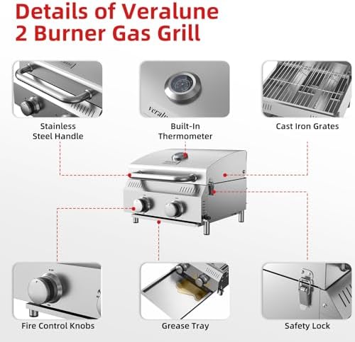 Veralune Tabletop Gas Grill, Small Propane Grill, Portable 2 Burner Gas Grill, Locking Lid, 20,000 BTUs, Built-in Thermometer, Stainless Steel