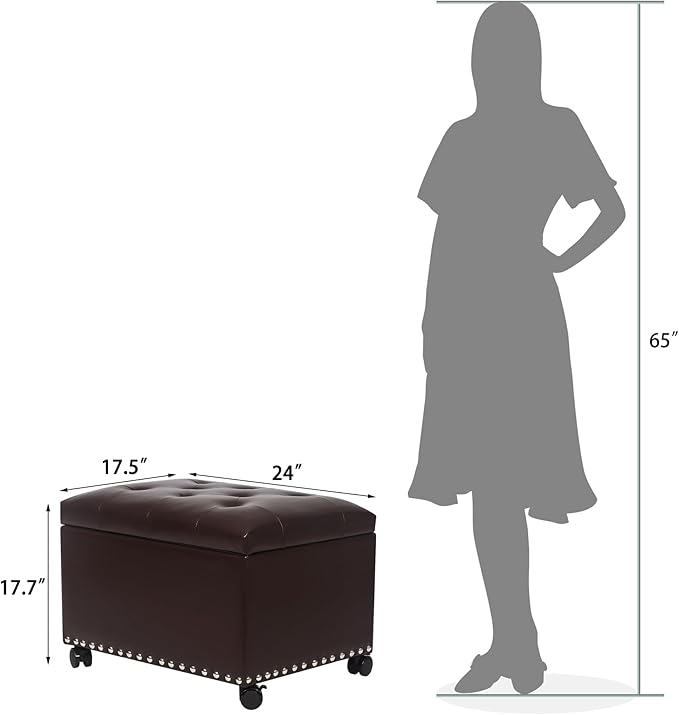 Leather Storage Ottoman Bench with Steerable Rolling Wheels, Rectangle 24 Inch Foot Rest Ottomans Stool for Living Room Bedroom (Vintage Brown)
