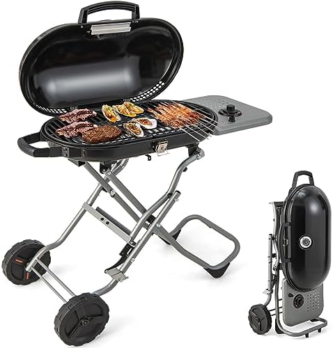 Giantex Portable Propane Gas Grill with 15,000 BTUs Burner, Side Table, 2 Wheels, Grease Tray, Metal Frame, Folding Stand-Up Propane Gas Grill for Outdoor Cooking Camping Barbecue (Black)
