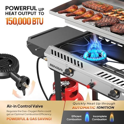 ROVSUN 2-in-1 Propane Stove & 30'' Griddle Combo with Ignition, 2 Burner 150,000 BTU Gas Stove & Grill with Side Shelves, Rolling Wheel & Regulator for Home Outdoor Backyard Camping Cooking Grilling