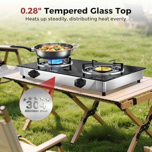 CAMPLUX 2 Burner Propane Stove, LPG Tempered Glass Auto Ignition Double Burner Portable Gas Stove Top, 19,000 BTU Propane Cooktop for Camping, CSA Regulator & Hose Included, estufa de gas portatil