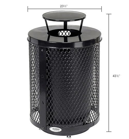 Global Industrial Outdoor Diamond Steel Trash Can with Rain Bonnet Lid, Raised Base and Plastic Liner, 36 Gallon Capacity, Black, Thermoplastic Coating, 23-1/2" Diameter, 43-1/2"H