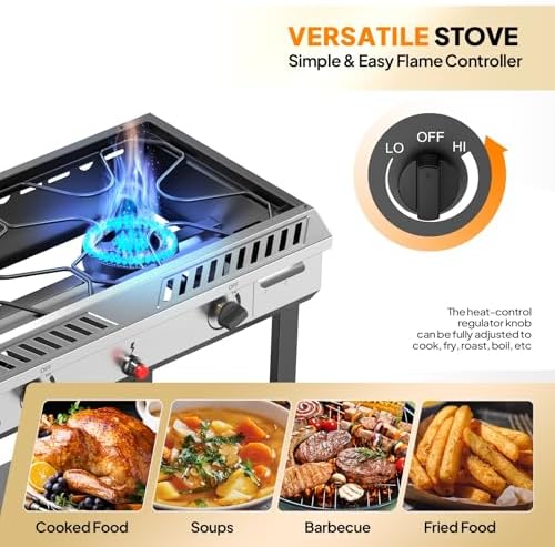 Bonnlo 2 Burner Propane Gas Stove with Auto Ignition, 150,000 BTU Portable Outdoor Camp Cooker Stove with Convenient Shelf & Smooth Rolling Wheels for Backyard, Camping, Tailgating, Patio Parties