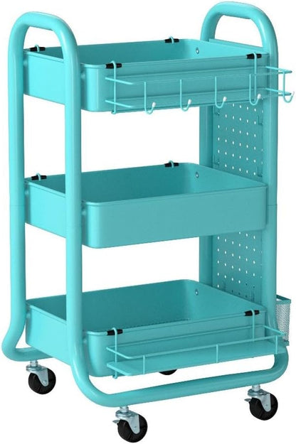 DESIGNA 3-Tier Utility Storage Rolling Cart with Removable Pegboard & Extra Storage Baskets Hooks, Metal Craft Art Carts for Gift Home Office, Teal