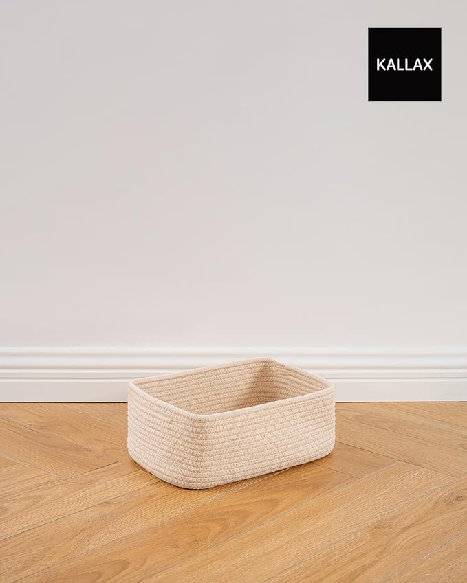 Small Woven Basket, 12 x 8 x 4.5 Inches, Storage Basket for Organizing, Cute Small Rope Shelf Closet Cube Storage Bins Baskets for Shelves, Dog Toy Gift Baskets Empty, 3 Packs, Beige
